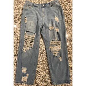 Shein Curve 1XL Women’s Light Blue Distressed Boyfriend Jeans Relaxed Fit Denim